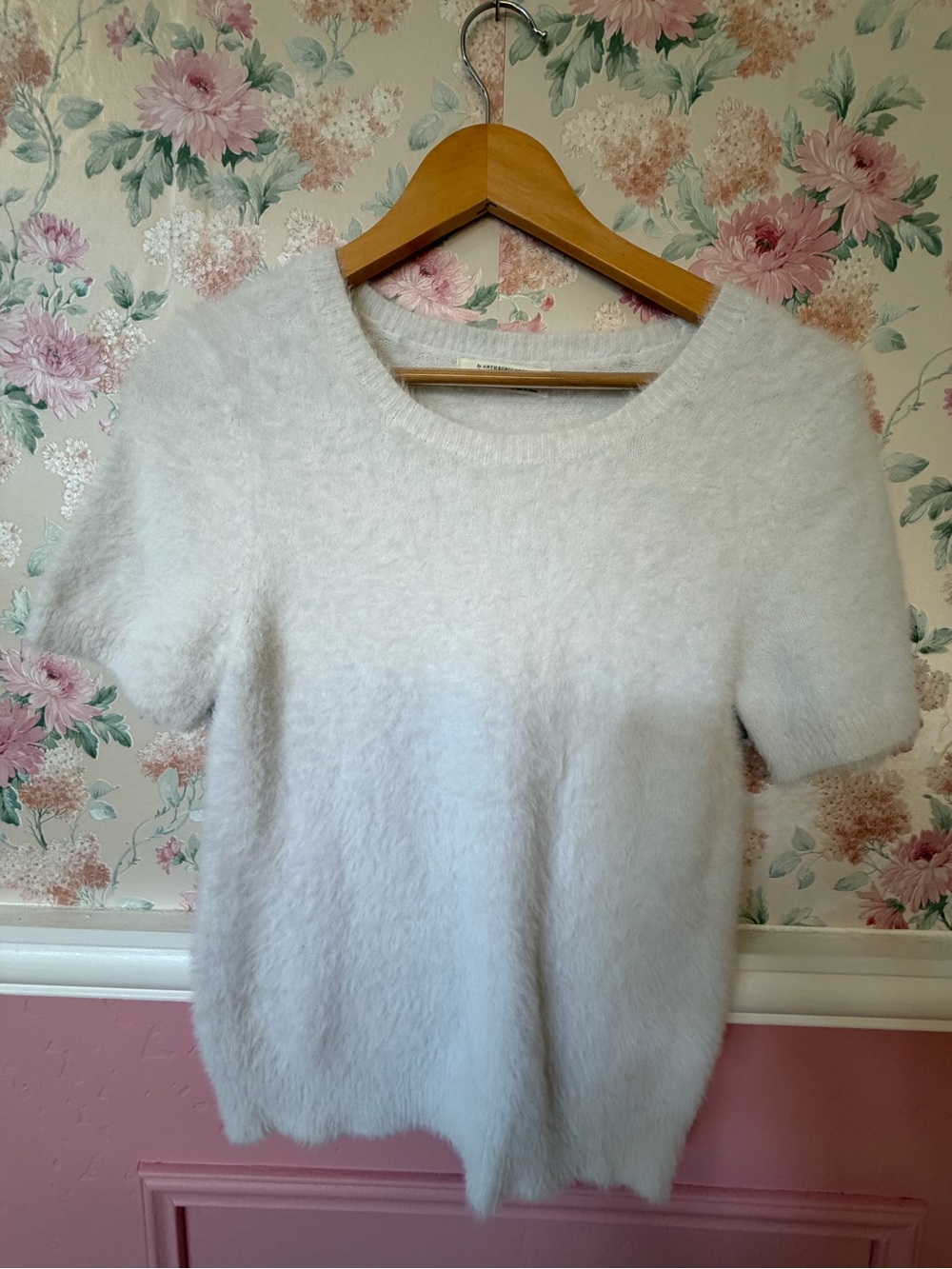Anthropologie Soft White Fuzzy Short-Sleeve Crew Sweater